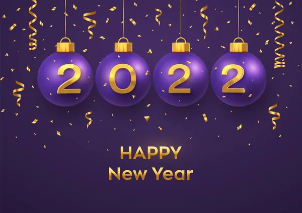 Buon Anno 2022 Appendere Palline Viola Natale Bauble Con Realistici — Vettoriale Stock