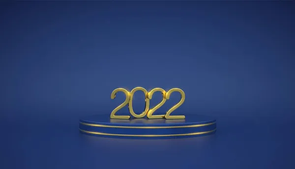 Happy New 2022 Year Golden Metallic Numbers 2022 Blue Stage — Stock Vector