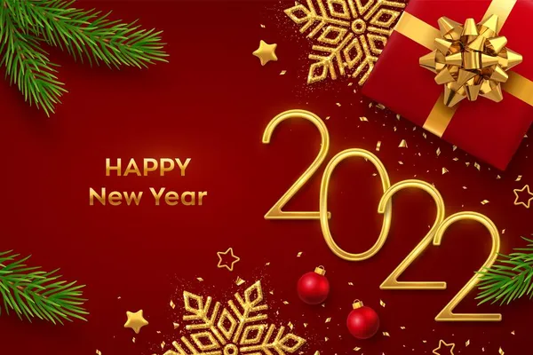 Feliz Ano Novo 2022 Números Metálicos Dourados 2022 Com Caixa — Vetor de Stock
