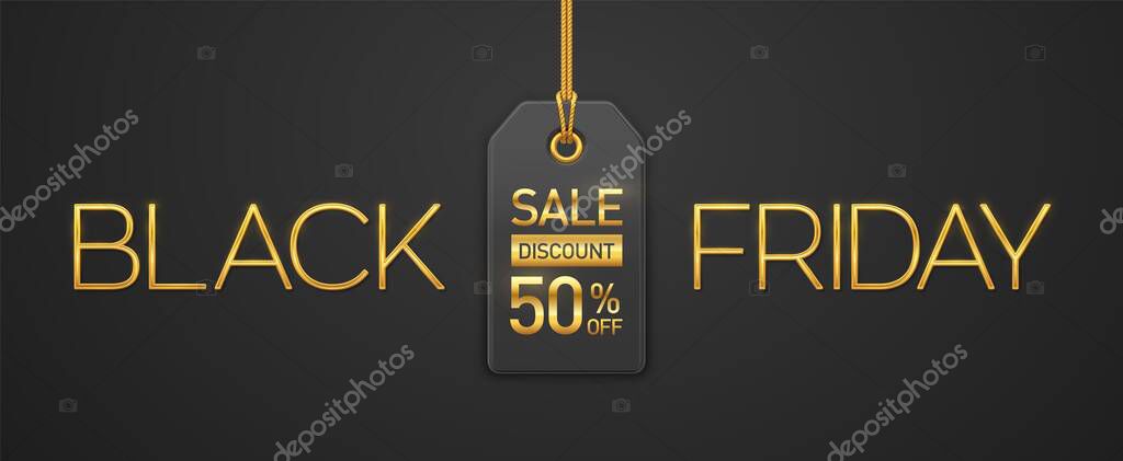 Black Friday Sale. Golden metallic luxury letters BLACK FRIDAY and price tag coupon hanging on gold ropes on black background. Horizontal banner, web site header, poster. Vector illustration