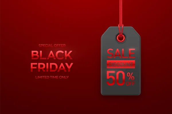 Black Friday Preço Venda Tag Etiqueta Preta Pendurada Corda Vermelha — Vetor de Stock