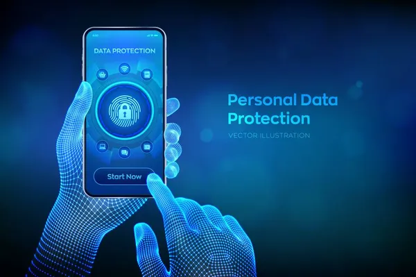 個人データ保護ビジネスコンセプト サイバーセキュリティ 南京錠のアイコンが付いている指紋 個人の安全と安全 ワイヤーフレームの手でスマートフォンを閉じます ベクターイラスト — ストックベクタ