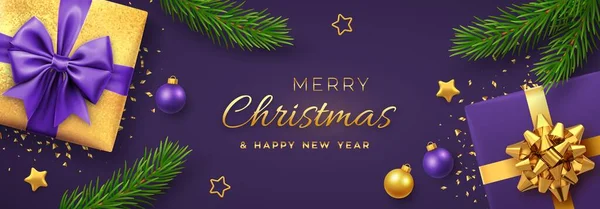 Vánoční Prapor Realistické Dárkové Krabice Fialovými Zlatými Luky Hvězdami Míčky — Stockový vektor