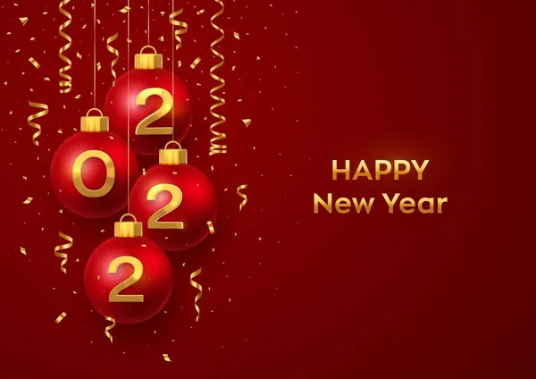 Feliz Ano Novo 2022 Pendurado Bolas Bugiganga Natal Vermelho Com — Vetor de Stock