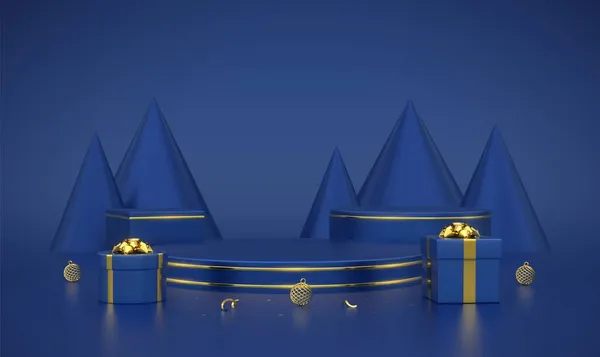 Modré Kulaté Kostkované Pódium Scéna Platforma Zlatým Kruhem Kuželovitým Tvarem — Stockový vektor