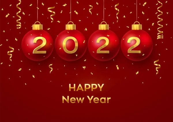 Šťastný Nový Rok2022 Visící Červené Vánoční Cetky Realistickými Zlatými Čísla — Stockový vektor