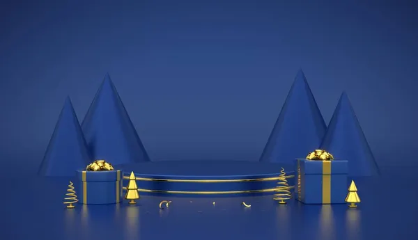ブルーラウンド表彰台 青の背景に金の円を持つシーンと3Dプラットフォーム 黄金の弓と黄金の金属松 コーン形状のトウヒの木とギフトボックスとブランク台座 ベクターイラスト — ストックベクタ
