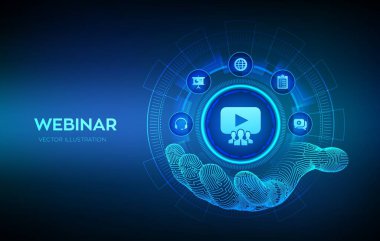 Telgraf elinde ikon takın. İnternet konferansı. Web tabanlı seminer. Mesafe öğrenme. Sanal ekranda e-öğrenim iş teknolojisi kavramı. Vektör illüstrasyonu