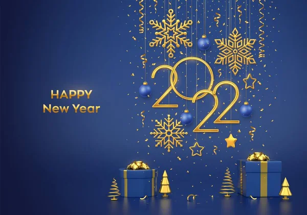 Happy New 2022 Year Hanging Golden Metallic Numbers 2022 Snowflakes — Stock Vector