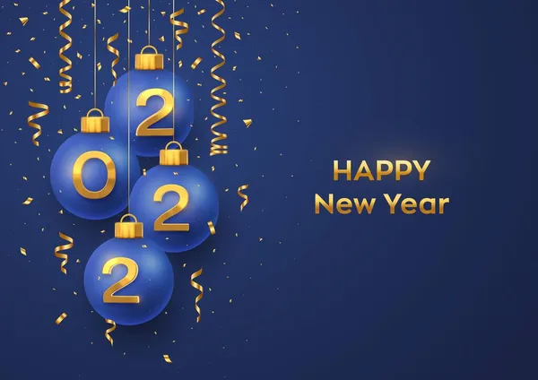 Šťastný Nový Rok2022 Visící Modré Vánoční Cetky Realistickými Zlatými Čísla — Stockový vektor