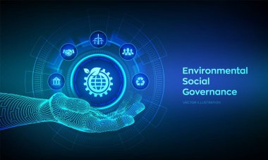 ESG. Sanal ekranda Çevre Sosyal Yönetimi kavramı. Gelecekteki çevresel koruma ve ESG modernizasyon gelişimi. Robot el dijital arayüze dokunuyor. Vektör illüstrasyonu