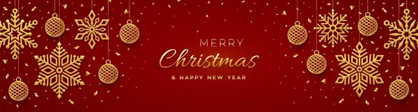 輝く黄金の雪の結晶とボールをぶら下げクリスマスの赤い背景 ホリデークリスマスと新年のポスター Webバナー メリークリスマスのグリーティングカード ベクターイラスト — ストックベクタ