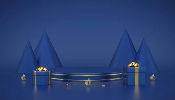 Modré Kulaté Pódium Scéna Platforma Zlatým Kruhem Kuželovitým Tvarem Borovic — Stockový vektor