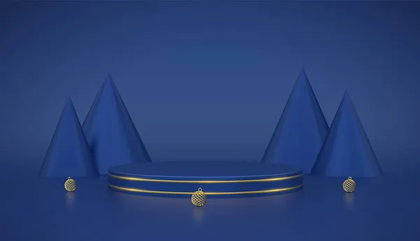 Modré Kulaté Pódium Scéna Platforma Zlatým Kruhem Vánočními Míčky Borovými — Stockový vektor