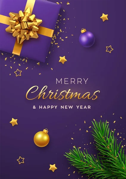 Banner Navidad Caja Regalo Púrpura Realista Con Lazo Oro Ramas — Archivo Imágenes Vectoriales