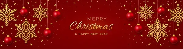 輝く黄金の雪の結晶とボールをぶら下げクリスマスの赤い背景 メリークリスマスのグリーティングカード ホリデークリスマスと新年のポスター ウェブバナー ヘッダーウェブサイト ベクターイラスト — ストックベクタ