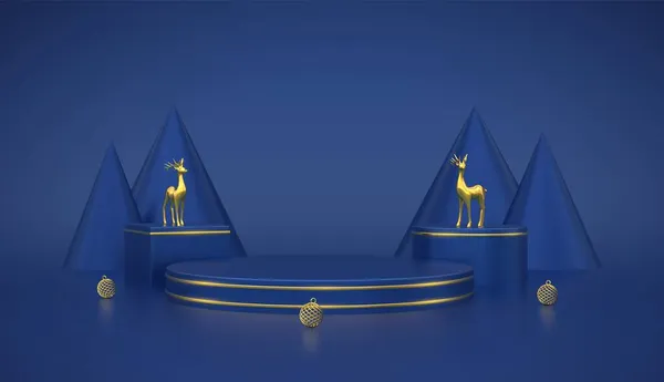 Modré Kulaté Kostkované Pódium Vánoční Scéna Platforma Zlatými Jeleny Míčky — Stockový vektor