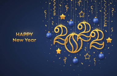 Mutlu 2022 seneleri. 3D parlayan metalik yıldızlar, toplar ve konfetilerin bulunduğu 2022 numaralı Altın metalik numaralar asılıyor. Yeni yıl tebrik kartı, afiş şablonu. Gerçekçi Vektör illüstrasyonu