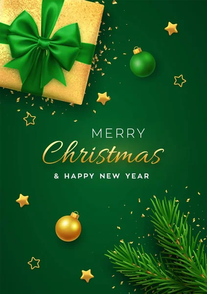 クリスマスのバナー 緑の弓と現実的な金のギフトボックス 松の枝 黄金の星と輝きのコンフェッティ ボールを泡立てる Xmasの背景 カバー ポスター グリーティングカード ヘッダーのウェブサイト — ストックベクタ