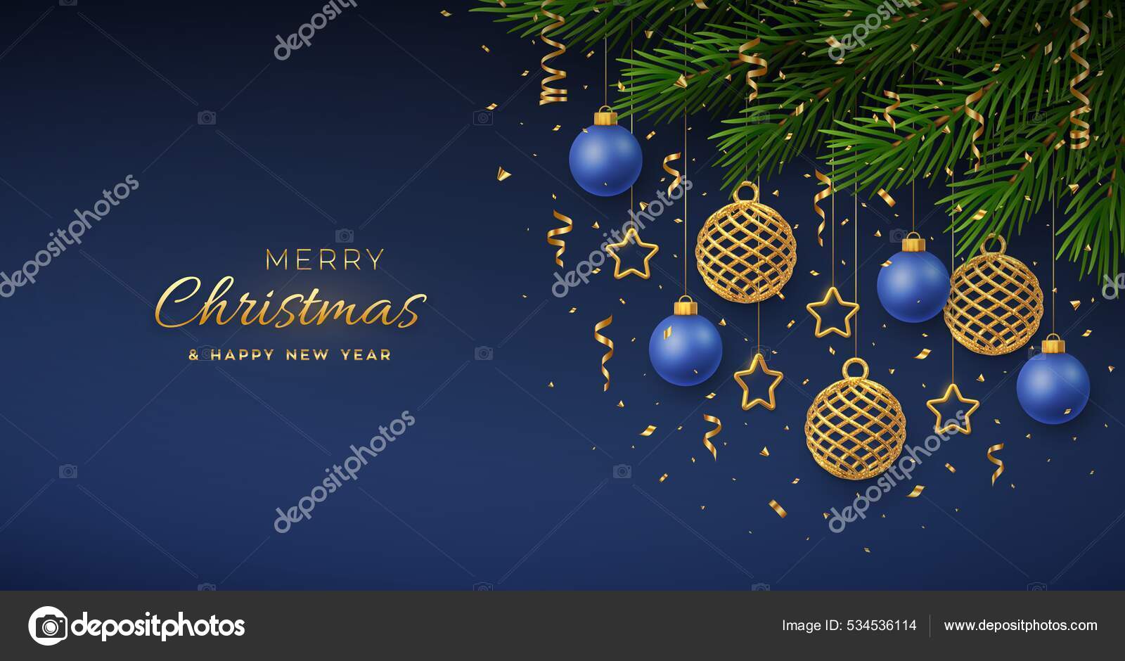 圣诞背景上挂着闪闪发光的金蓝色球体金色金属星五彩纸屑圣诞快乐的贺卡圣诞节和新年海报图库矢量图©IuriiMotov 534536114, image size:1600x940