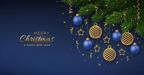 Altın ve mavi topları, altın metalik yıldızları, konfetileri, çam dalları olan bir Noel arkaplanı. Mutlu noel tebrik kartları. Noel tatili ve yeni yıl posteri, kapak, afiş. Vektör