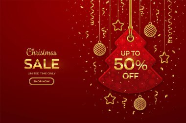 Noel ve Yeni Yıl indirim etiketi. Altın ipte asılı gerçekçi kırmızı etiket. Altın yıldızlı, toplu, konfetili indirim etiketi. Xmas afişi, reklam, pazarlama fiyat etiketi. Vektör illüstrasyonu