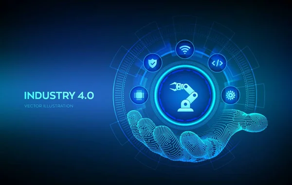 Smart Industry 4.0 sembolü robotik elde. Fabrika otomasyonu. Özerk endüstriyel teknoloji konsepti. Sanayi devrimleri basamakları. Vektör illüstrasyonu