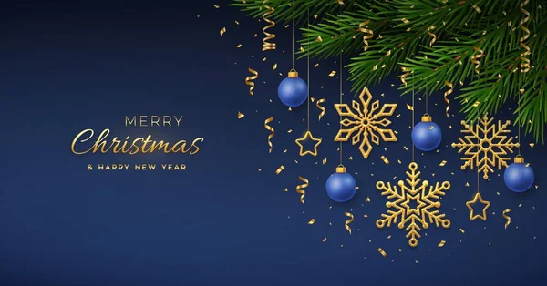 Altın kar taneleri, mavi toplar, altın metalik yıldızlar, konfeti, çam dalları olan bir Noel arkaplanı. Mutlu Noeller, Noel tebrik kartı Noel ve yeni yıl posteri, kapak, afiş. Vektör