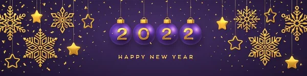 Šťastný Nový Rok2022 Visící Fialové Vánoční Cetky Realistickými Zlatými Čísla2022 — Stockový vektor