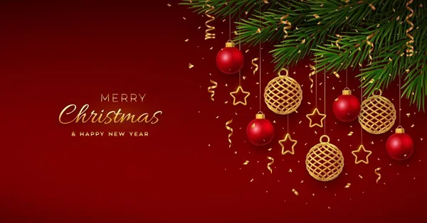 Altın kar taneleri, kırmızı toplar, altın metalik yıldızlar, konfeti, çam dalları olan bir Noel arkaplanı. Mutlu Noeller, Noel tebrik kartı Noel ve yeni yıl posteri, kapak, afiş. Vektör