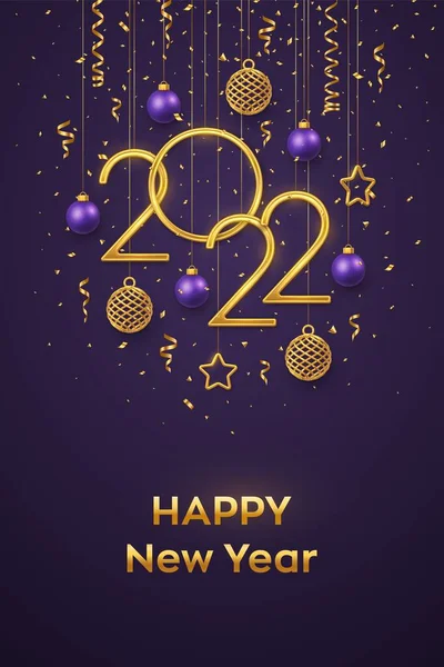 Šťastný Nový Rok2022 Visící Zlatá Kovová Čísla 2022 Zářícími Kovovými — Stockový vektor