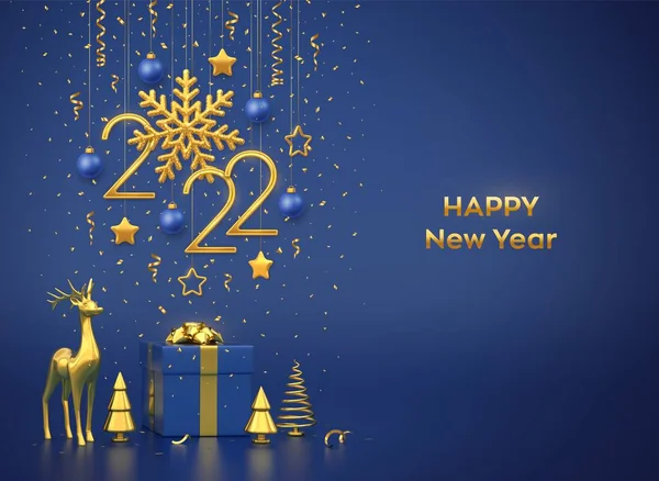 Feliz Ano Novo 2022 Pendurado Dourado Números Metálicos 2022 Com —  Vetores de Stock