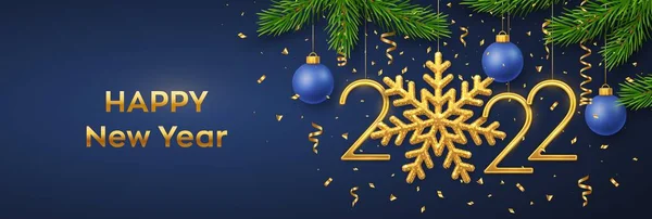 新的2022年快乐 用雪花 松枝和蓝底圆饼挂在2022年金牌号上 新年贺卡或横幅模板 假日装饰 — 图库矢量图片