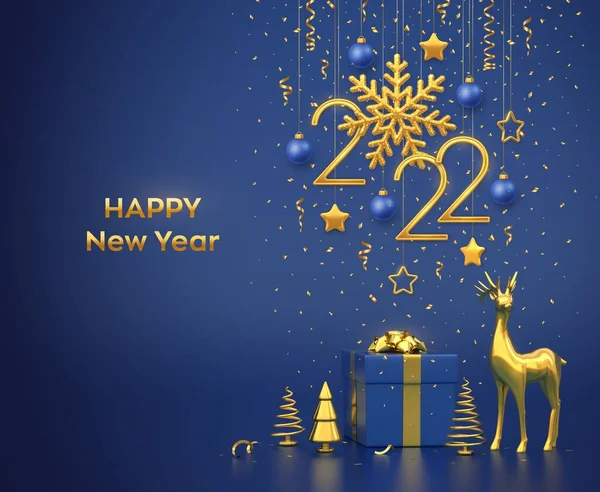 Feliz Año Nuevo 2022 Colgando Números Metálicos Dorados 2022 Con — Archivo Imágenes Vectoriales