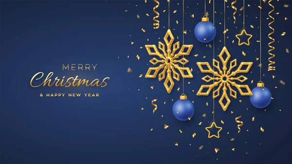 輝く黄金の雪の結晶 3D金属の星やボールをぶら下げクリスマスブルーの背景 メリークリスマスのグリーティングカード ホリデークリスマスと新年のポスター Webバナー ベクターイラスト — ストックベクタ