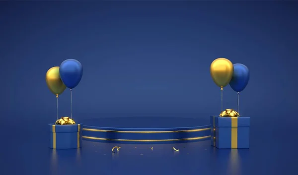 ブルーラウンド表彰台 青の背景に金の円を持つシーン 3Dプラットフォーム 金色の弓とお祝いヘリウム風船とギフトボックスとブランク広告台座 現実的なベクトル図 — ストックベクタ
