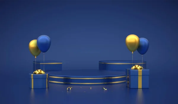 ブルーラウンドとキューブの表彰台 青の背景に金の円を持つシーン 3Dプラットフォーム 金色の弓とお祝いヘリウム風船とギフトボックスとブランク広告台座 ベクターイラスト — ストックベクタ