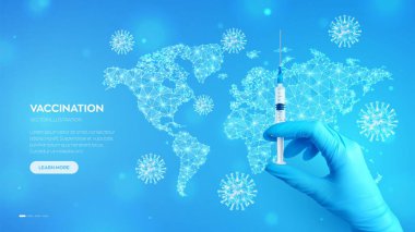Elinde aşı şırıngası olan mavi eldiven verin. COVID-19 koronavirüs aşısı. Aşı ya da bağışıklık kampanyası. Dünya haritası. Salgın hastalık kavramını durdurun. Vektör illüstrasyonu