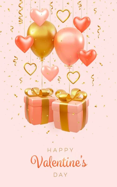 День Святого Валентина Банер Реалістичні Святкові Рожеві Скриньки Золотим Луком — стоковий вектор