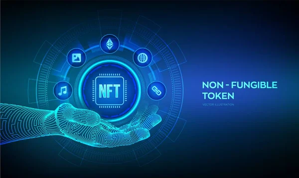 Nft Icoon Robothand Niet Fungibele Token Digitale Crypto Art Blockchain — Stockvector