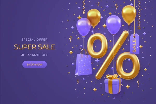 Venta Banner Diseño Sobre Fondo Púrpura Realista Oro Porcentaje Símbolo — Vector de stock