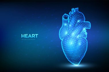 Kalp. Düşük çokgen insan kalbi. Soyut kablo anatomi organı. Kardiyoloji, organ sağlığı, tıp bilimi, sağlık sigortası, hastalık konsepti. 3B Vektör illüstrasyonu