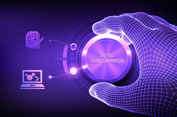 Transformación Digital Digitalización Procesos Empresariales Tecnología Moderna Mano Wireframe Girando — Vector de stock