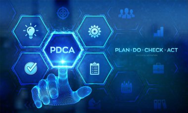 PDCA. Plan Sanal ekranda Eylem Yönetimi Teknoloji Konsepti. Telli el dijital arayüze dokunuyor. Vektör illüstrasyonu