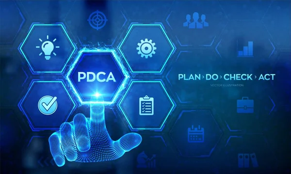 Pdca Plan Check Act Business Management Technologiekonzept Auf Virtuellem Bildschirm — Stockvektor