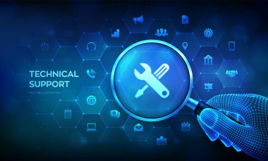 Teknik destek. Müşteri yardımı. Teknik destek. Müşteri hizmetleri teknolojisi konsepti, büyüteçle birlikte. Sanal ekranda büyüteç ve iş bilgisi. Vektör illüstrasyonu