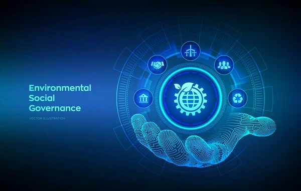 ESG. Sanal ekranda Çevre Sosyal Yönetimi kavramı. Gelecekteki çevresel koruma ve ESG modernizasyon gelişimi. Robot el dijital arayüze dokunuyor. Vektör illüstrasyonu