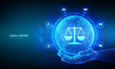Çalışma hukuku, avukat, avukat, hukuki danışmanlık kavramı. İnternet hukuku dijital online yasal hizmetler olarak. Dünya haritası ve çizgi kompozisyonu. Dünya gezegeni küresi kablo çerçeveli elde. Vektör. EPS10
