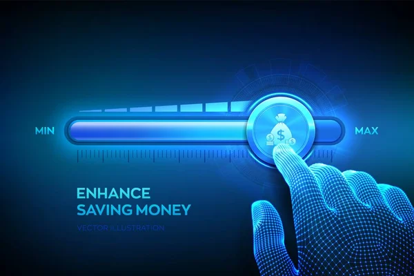Para biriktiriyorum. Büyüyen sermaye finansal konsepti. Tel çerçeveli el maksimum konum ilerleme çubuğuna yaklaşıyor. Zenginliği, geliri, emekliliği, fonları, yatırımı artırın. Vektör illüstrasyonu