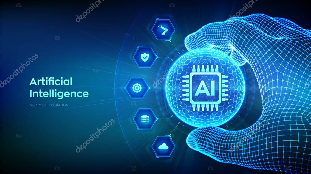 AI. Artificial Intelligence in the shape of sphere with hexagon pattern in wireframe hand. Machine Learning Concept. Big data innovation technology. Neural networks. Vector illustration
